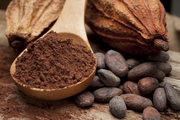 Какао-порошок в деревянной ложке и бобы