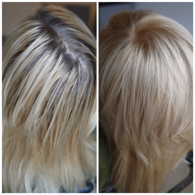 слева: волосы неоднократно окрашены аммиачным красителем + несколько раз безаммиачным. СПРАВА: после окрашивания Organic Colour Systems - корни и вся длина