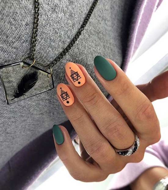 Оранжево-зеленый дизайн ногтей с геометрией